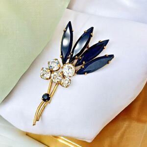 Austria Brooch Floral Spray Black Glass Marquise Crystal  Estate Jewelry Pin